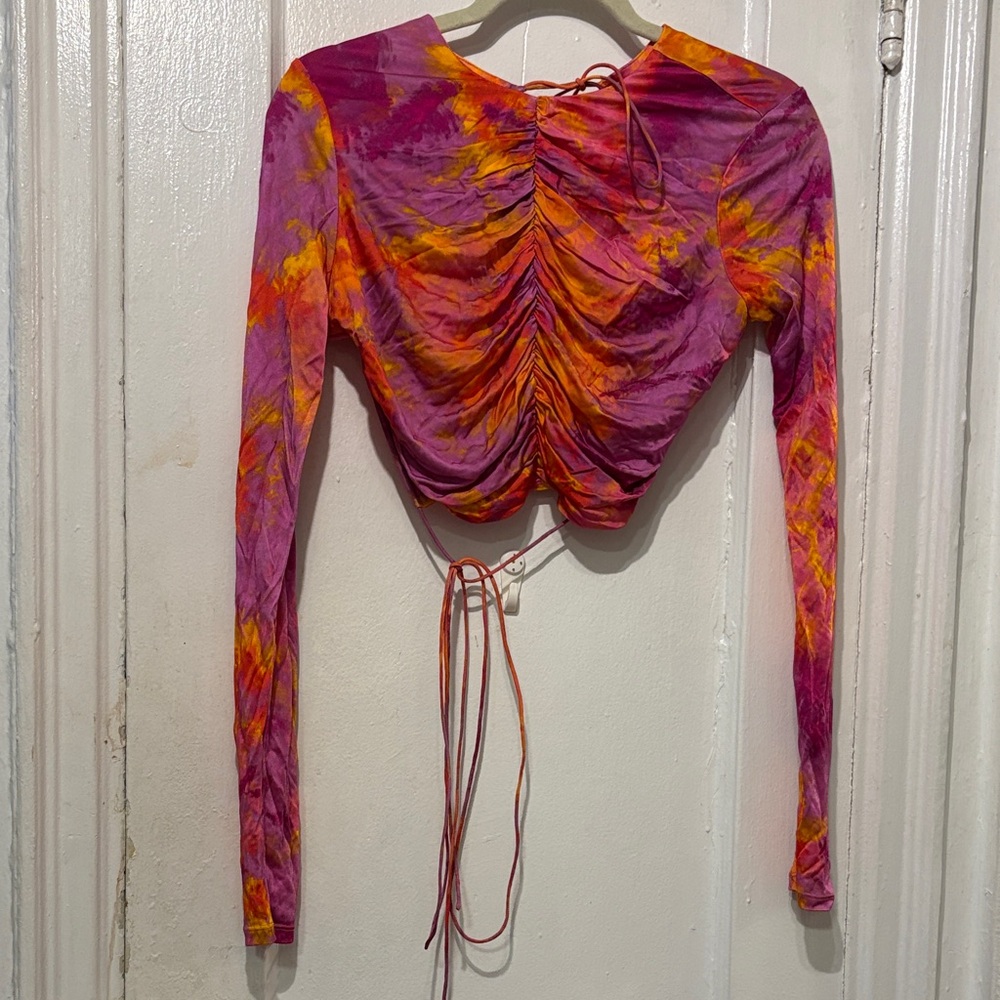Ronny Kobo Collection Ruched Tie-Back Crop Top in Fuchsia & Orange